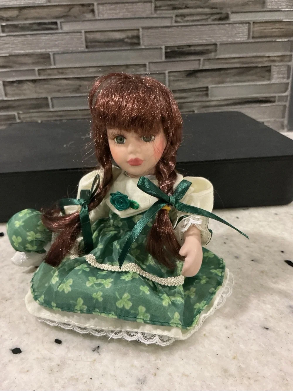 Vintage 8” Porcelain Doll Green Shamrock Dress Braided Hair Collectible Figure